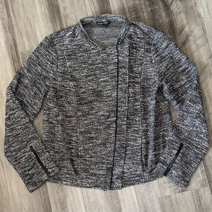 Eileen Fisher medium tweed knit blazer jacket black white zipper leather trim